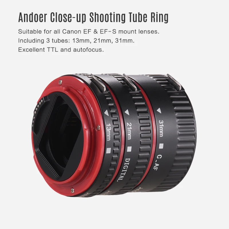 Andoer Portable Auto Focus AF Macro Extension Tube Adapter Ring Replacement for Canon 60D 7D 5D II 550D EOS EF EF-S Mount Lens