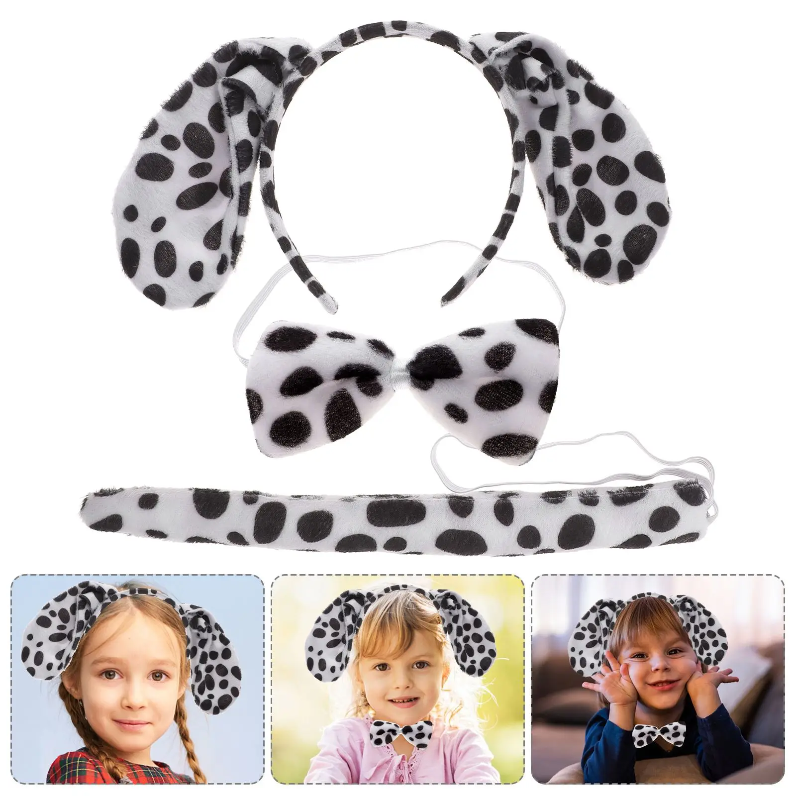 2 Sets Animal Headgear Hair Band Dalmatian Pug Hair Hoop Tail Cute Children Stage Performance Prop Halloween Christmas Headband