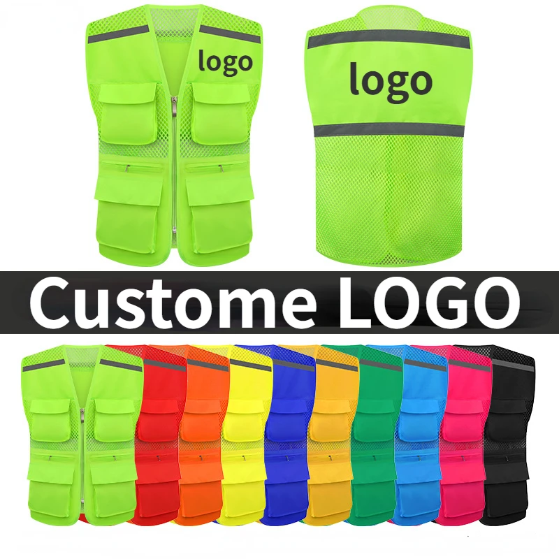 Logotipo personalizado Multi-Pocket Reflective Vest, Roupa de trabalho casual masculina e feminina, Ferramentas impressas, Publicidade