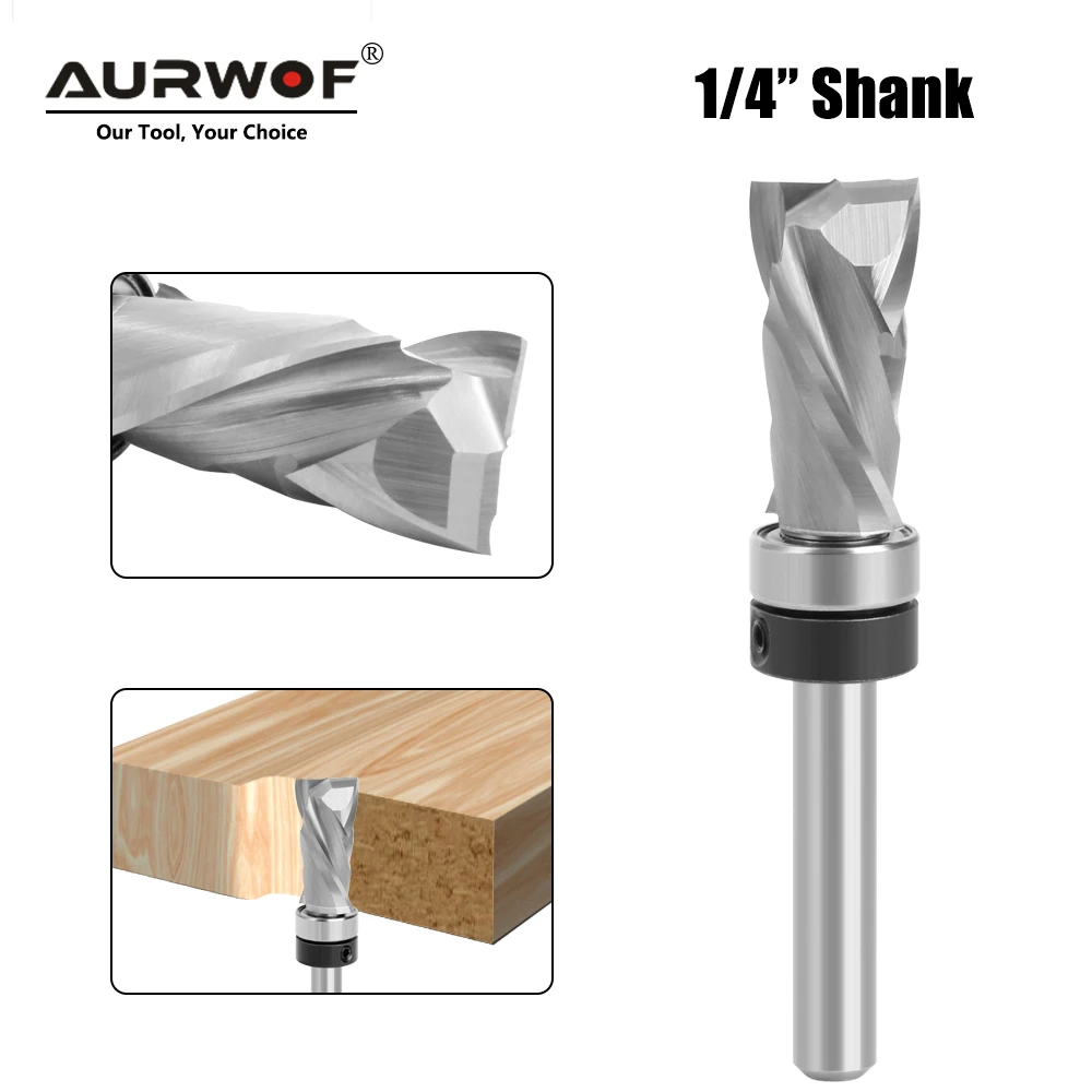 AURWOF Bearing Ultra-Performance Compression Flush Trim Solid Carbide CNC Router Bit for Woodworking End Mill 1/4 Inch Shank