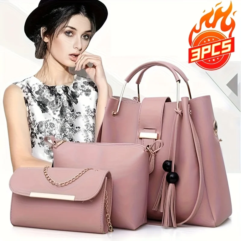 

3Pcs/Set Women's Tote Bag Set PU Leather Shoulder Crossbody Bags Fashion Handbag + Messenger Bag + Clutch Purse Combo for Ladies