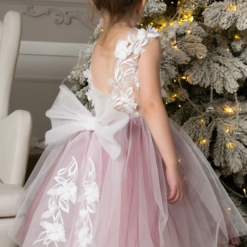 Robes de demoiselle d'honneur en tulle rose poussiéreux, appliques florales blanches avec nœud pour fête de mariage, anniversaire, première communion, quoi que ce soit