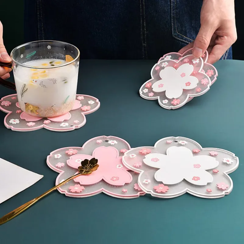 Cherry Blossom Silicone Cup Coaster Non-Slip Heat Insulation Mat for Coffee Tea Mug Cute Desktop Decorate Kitchen Table Placemat