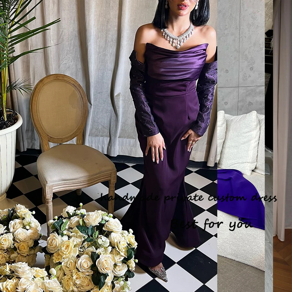 

Dark Purple Mermaid Evening Dresses with Cape O Neck Arabian Dubai Formal Dress Beaded Satin Long Prom Party Gown 2024