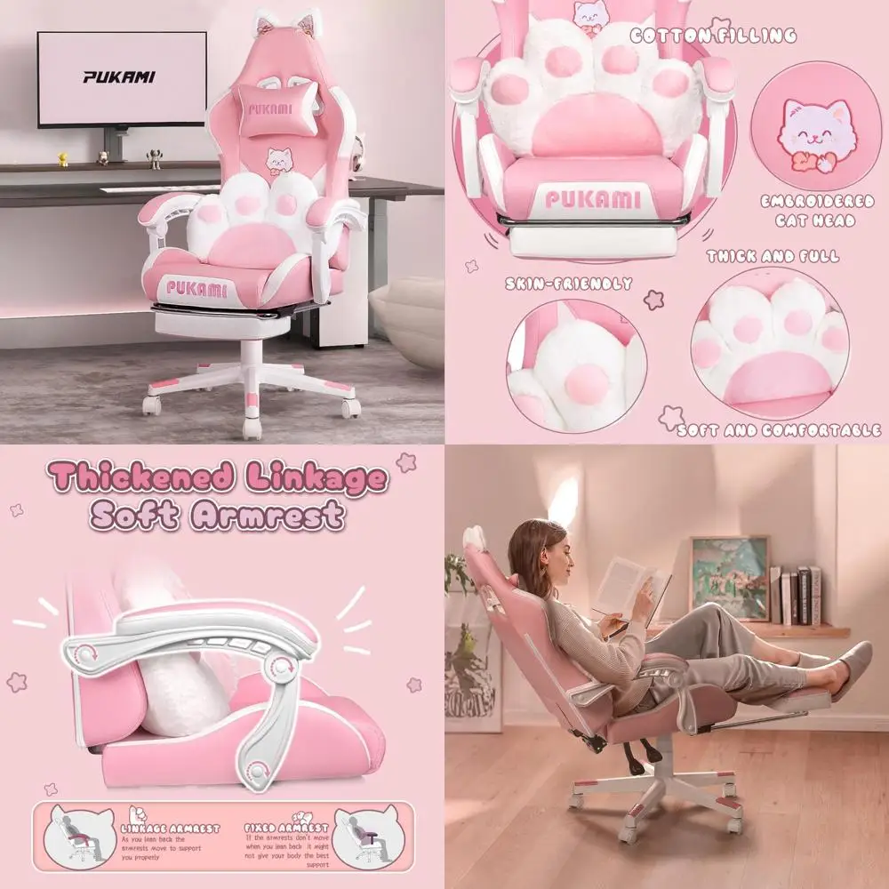 كرسي ألعاب مريح باللون الوردي مع آذان قطط، ووسادة قطنية، ومسند للقدمين، ومسند للرأس للنساء، ومقعد كمبيوتر لطيف ومريح #1