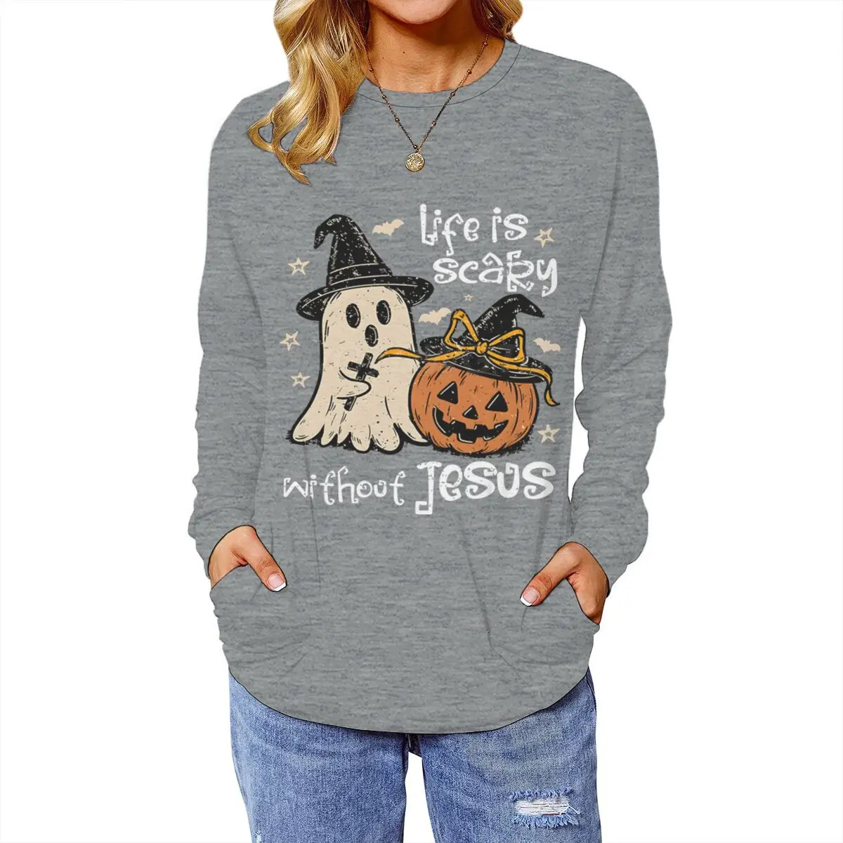 Christian Halloween T‑Shirt Life Is Scary Without Jesus Graphic Tee Faith Ghost Pumpkin Religious Fall Shirt For Believers Women