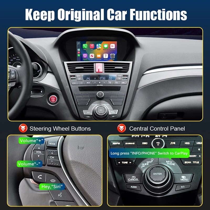 Беспроводная коробка CarPlay Android Auto, обновленная для ACURA с одним экраном 2009-2013 RDX TL ILX ZDX MDX Mirror Link, передняя и задняя камера