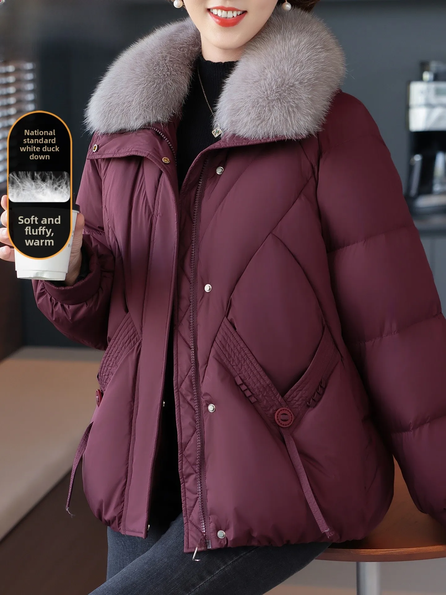 

Зимняя модная женская куртка-пуховик с меховым воротником, теплая, из полиэфирного волокна, на молнии, для женщин среднего возраста