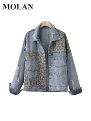 MOLAN  Leopard Woman Denim Jacket Vintage Autumn Coat Long Sleeve Singal Breasted Casual Jean Outwear Female Chic Top