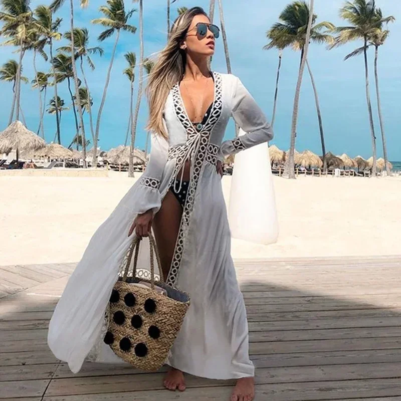 

Multiple Circles Lace Beach Dress Bikini Cover Up Dress Women Summer White Boho Solid Colors Cardigan Style Robe Swim Cover Up