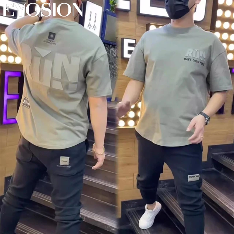 Men\'s Retro Letter Printed T-shirt Slim Fit Round Neck Versatile Pure Cotton 2024 Summer New Design Short Sleeve Tee Top 4XL