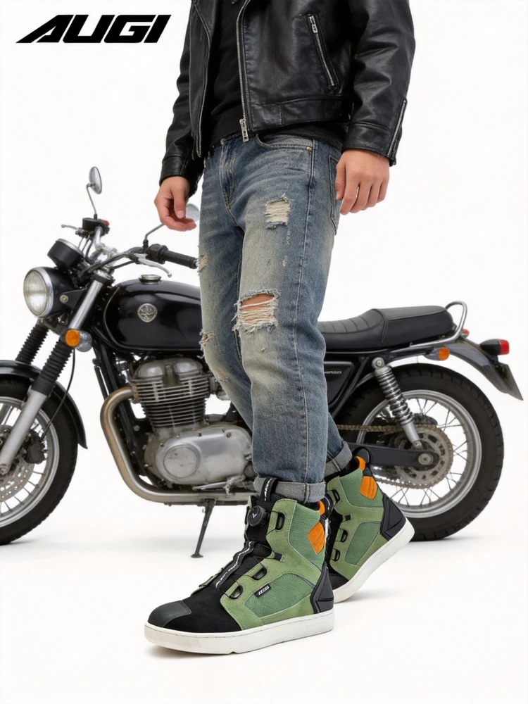 AUGI Mens Motorcycle Boots Lace Up Ankle High Motocross Shoes Men Non Slip Reflective All Season Off Road Dirt Bike Riding Shoes