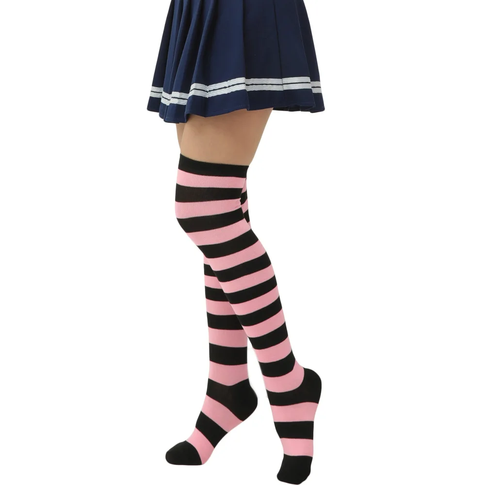 3Pair High Quality Cheap Cosplay Long Girls Women Stripe Thigh Over Socks Polyester Cotton Rainbow Sexy Striped Knee High Socks