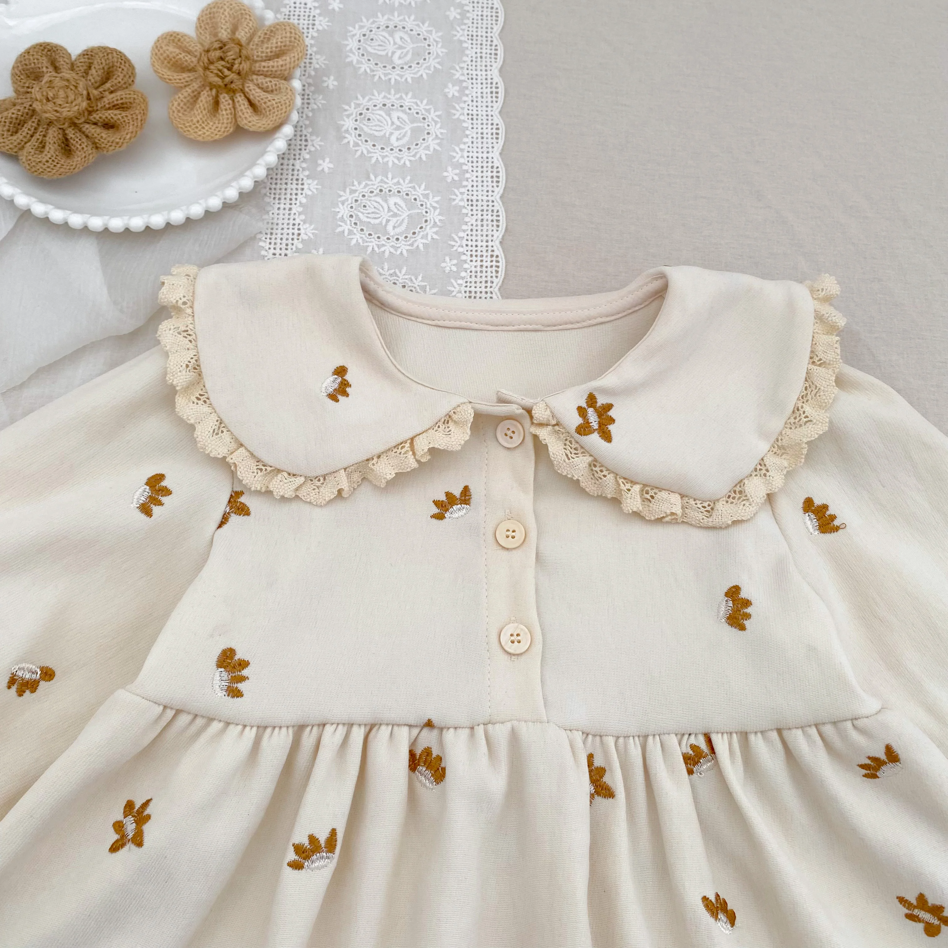 2026 Baby-Mädchen-Kleid mit langen Ärmeln, koreanischer Stil, Kragen, Spitze, Blumenstickerei, Baumwolle, Kleinkind-Prinzessinnenkleid, Herbst-Kinderkleidung – Detail 7