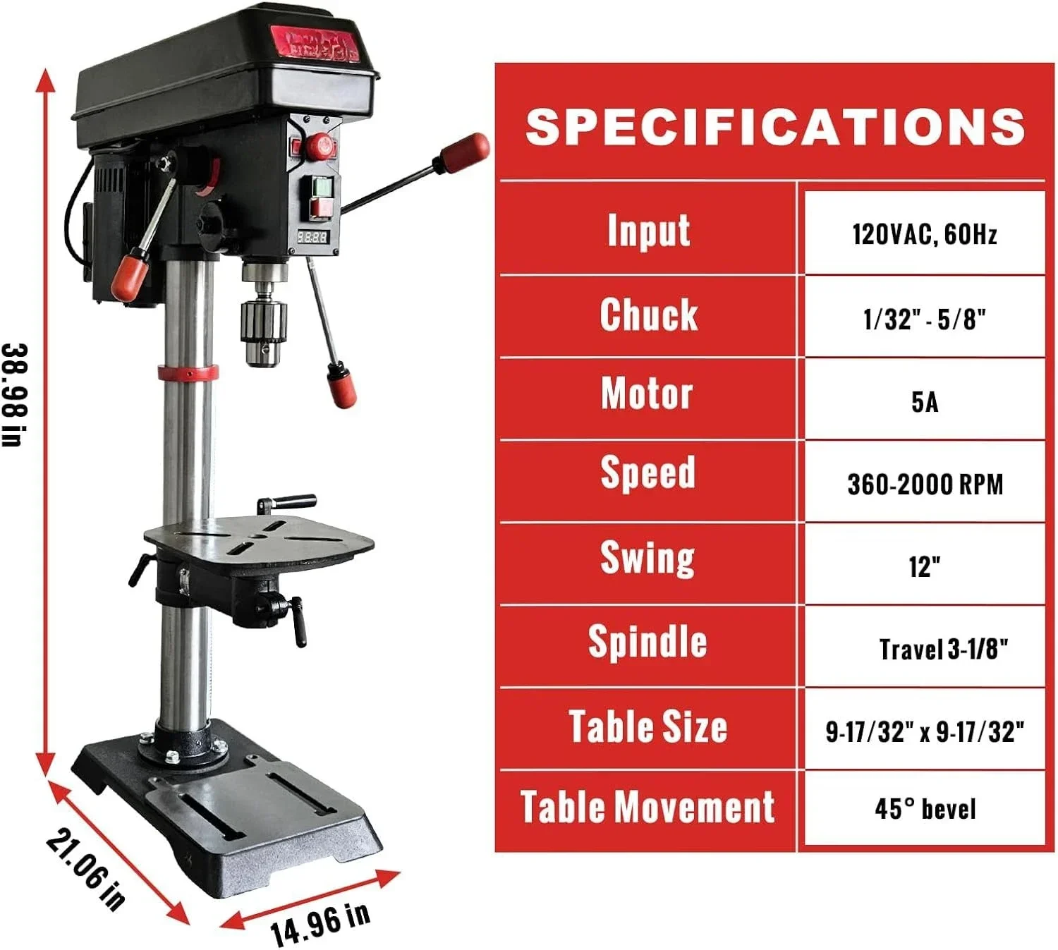 12 Inch 6 Pole Variable Speed Drill Press, 360–2000RPM with laser and worklight for wood and metalworking