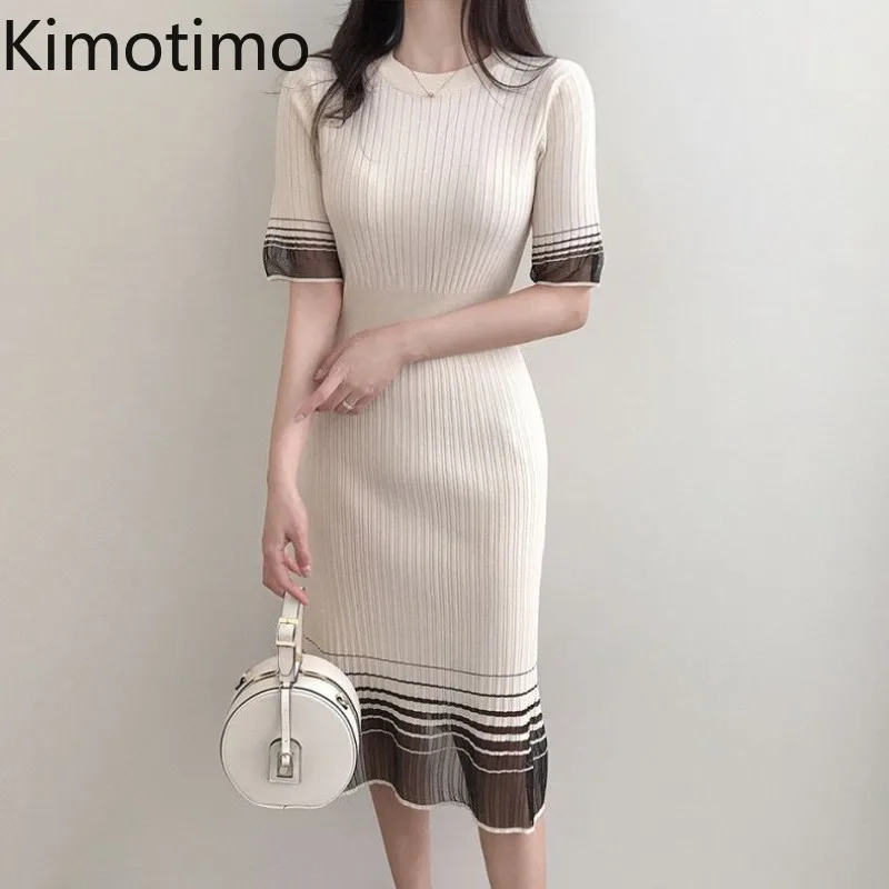 Topenomi Women Knitted Dress French Elegant O-neck Slim Fit Patchwork Mesh Striped Dresses Summer Vintage Short Sleeve Vestidos