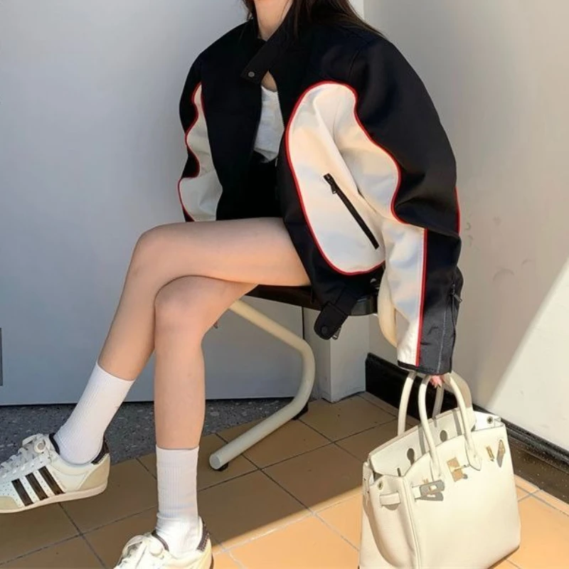 Jacket Women's 2025 New Black and White Contrasting Top, Loose High-waisted Motorcycle Baseball Uniform