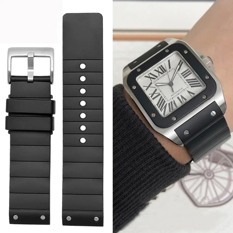 High quality Watch Band For Cartier Santos 100 Rubber black Watch Strap Men's Women's Silicone accessories bracelet 23mm
