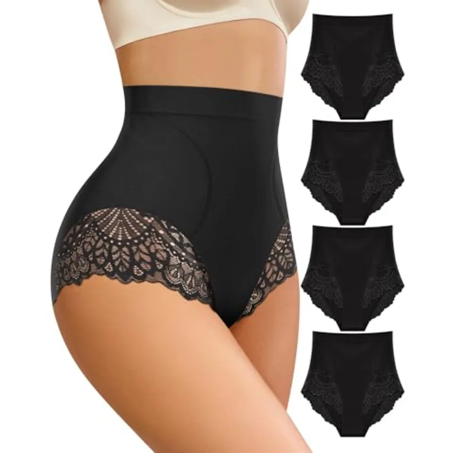 

Women's Underwear High Waisted Light Tummy Control Lace Ladies Panties Full Coverage High-Cut Nylon 4 Pack S-XXL