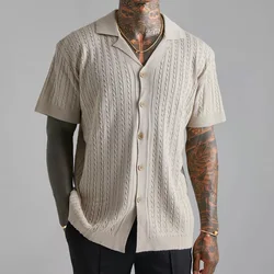 Mens Top Knitted Button Short-sleeved Shirt Summer Breathable Short-sleeved Shirt for Men