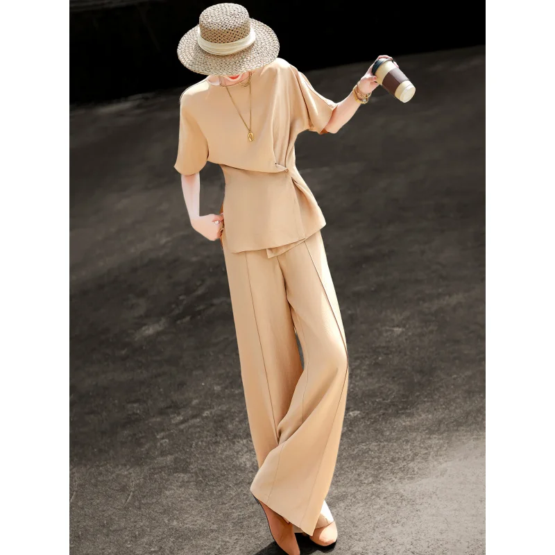 MEXCOCO 2026 New Spring Summer Casual Twist Waist Short Sleeve Top High Waist Wide Leg Pants Elegant 2 Piece Outfit Set