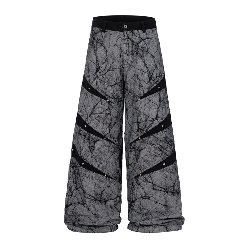 

Wide Leg Loose Baggy Jeans For Man Ripped Denim Straight High Street Trousers Rivets Black Pants Brand Clothing Mens Apparel