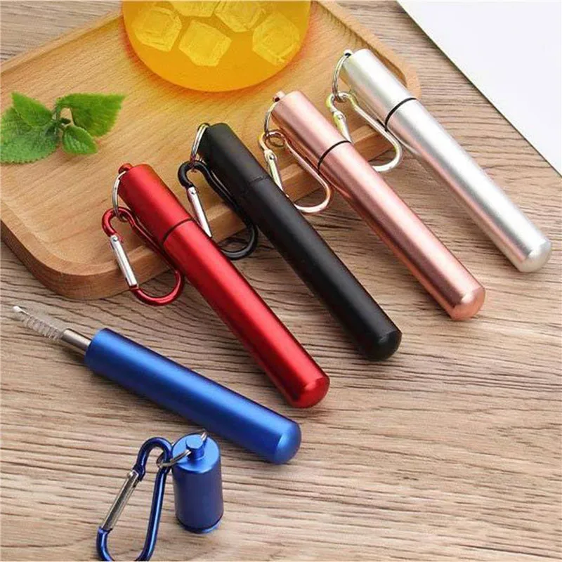 Reusable Stainless Steel Straws with Aluminum Keychain Case Cleaning Brush Collapsible Telescopic Portable Drinking