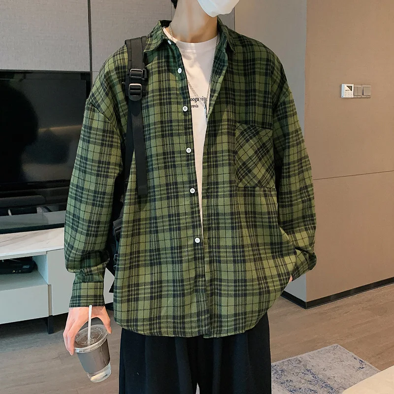 

Japanese retro plaid shirt men's long sleeve trendy casual shirt Hong Kong style ins autumn handsome jacket