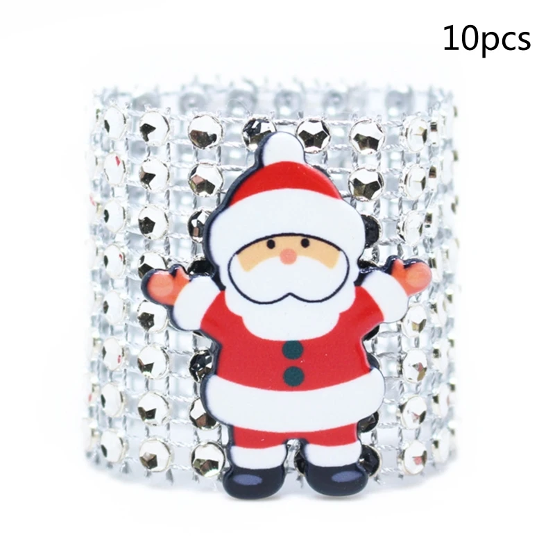 10Pcs Christmas Cartoon Santa Napkin Rings Holders 8 Rows Shiny Gold Silver Red Diamond for Rhinestone Buckles for Xmas