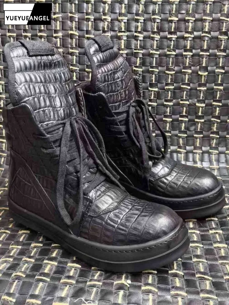 Men Black Crocodile Patterned Cowhide Ankle Boots Fashion High Street Height Increasing Lace-up Footwear Zipper High Top Shoes