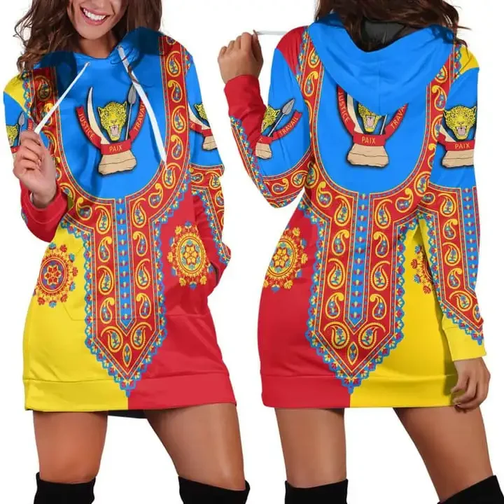 Democratic Republic of Congo Flag Tribal Vintage 3D Printed Harajuku Crew Neck Slim Casual Long Sleeve Funny Ladies Hoodie Dress