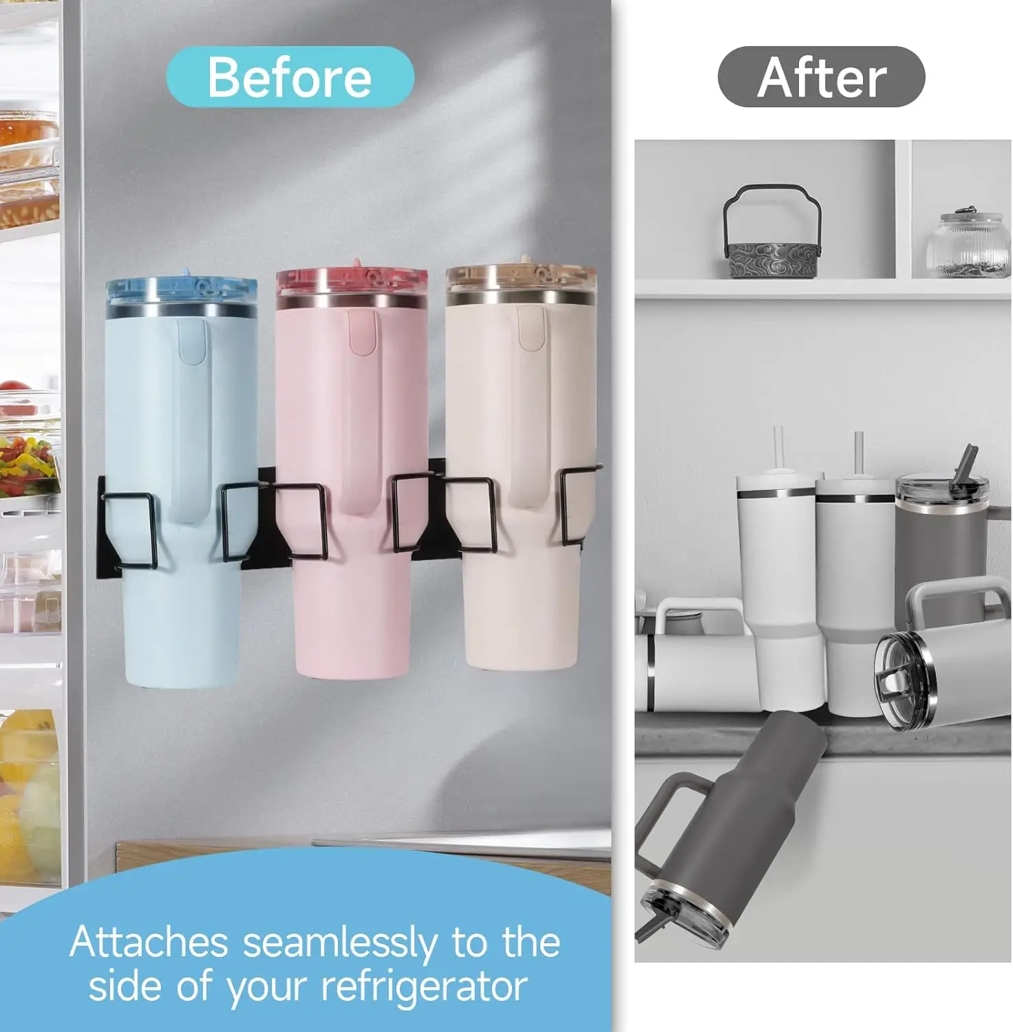 2 Pack Magnetic Cup Holder for Fridge, Water Bottle Organizer with Handle, Tumbler Organizer for Stanley Cup Accessories Lid