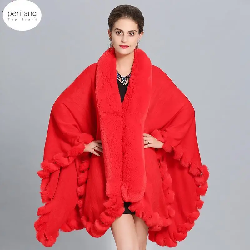 EuropeStyle Fashion Double Fox Fur Coat Cape Hooded Knit Cashmere Cloak Cardigan Outwear  Women Winter Shawl 1.1kg