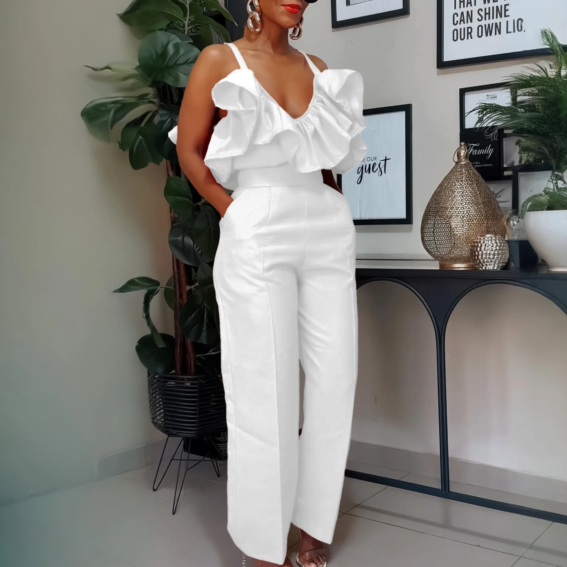 2 Pieces Pants Sets Womens Outfits Blouse V Neck Ruffles Sleeveless & Long Trousers Straight Elegant Ladies Pants Sets Clothes