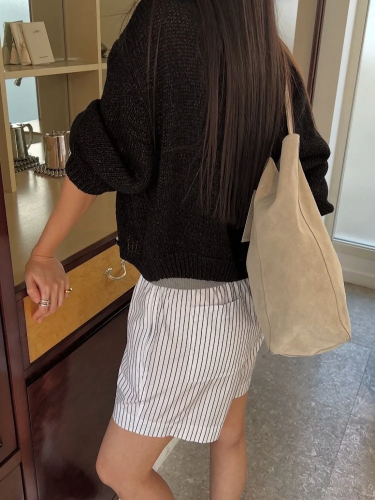 Pantaloni ort a gamba dritta in vita elastica a vita alta a righe in cotone allentato casual estivo Pantaloni coreani Sle Commute Faion