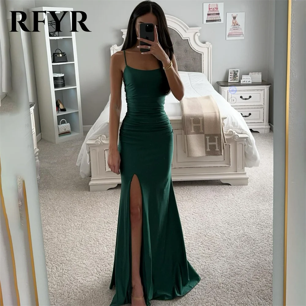 

RFYR Green Prom Dress Scoop Trumpet Sleeveless Evening Dress Spaghetti Straps Party Dress with Pleats Side Split Robe De Soirée