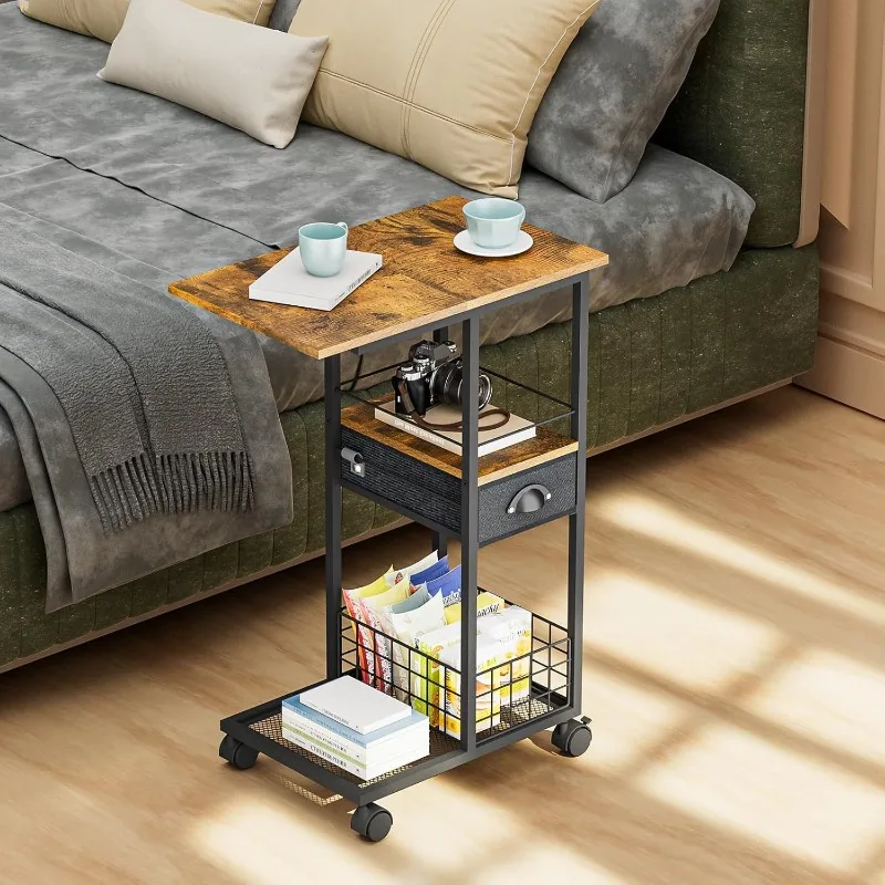 Rolling Vintage Modern Side Table Multi-Functional C-Shaped Compact End Table for Small Spaces Living