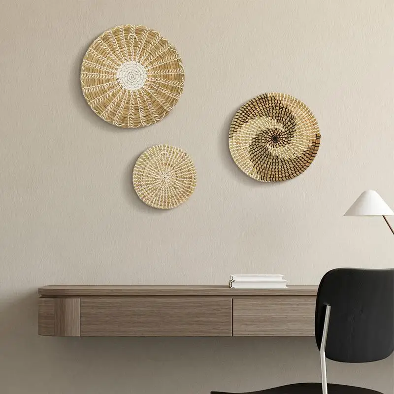 3pcs/set Nordic Style Seagrass Wall Decor Round Rattan Basket Wall Decoration Rattan Crafts Wall Hanging Frame Handwoven Hanging