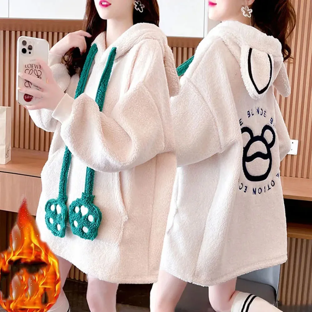 Casual Pink Kawaii Plush Sweatshirt Jacket Warm Rabbit Ears Hoodies Female Autumn Winter Cute Cartoon Print Sweatshirts Pullover