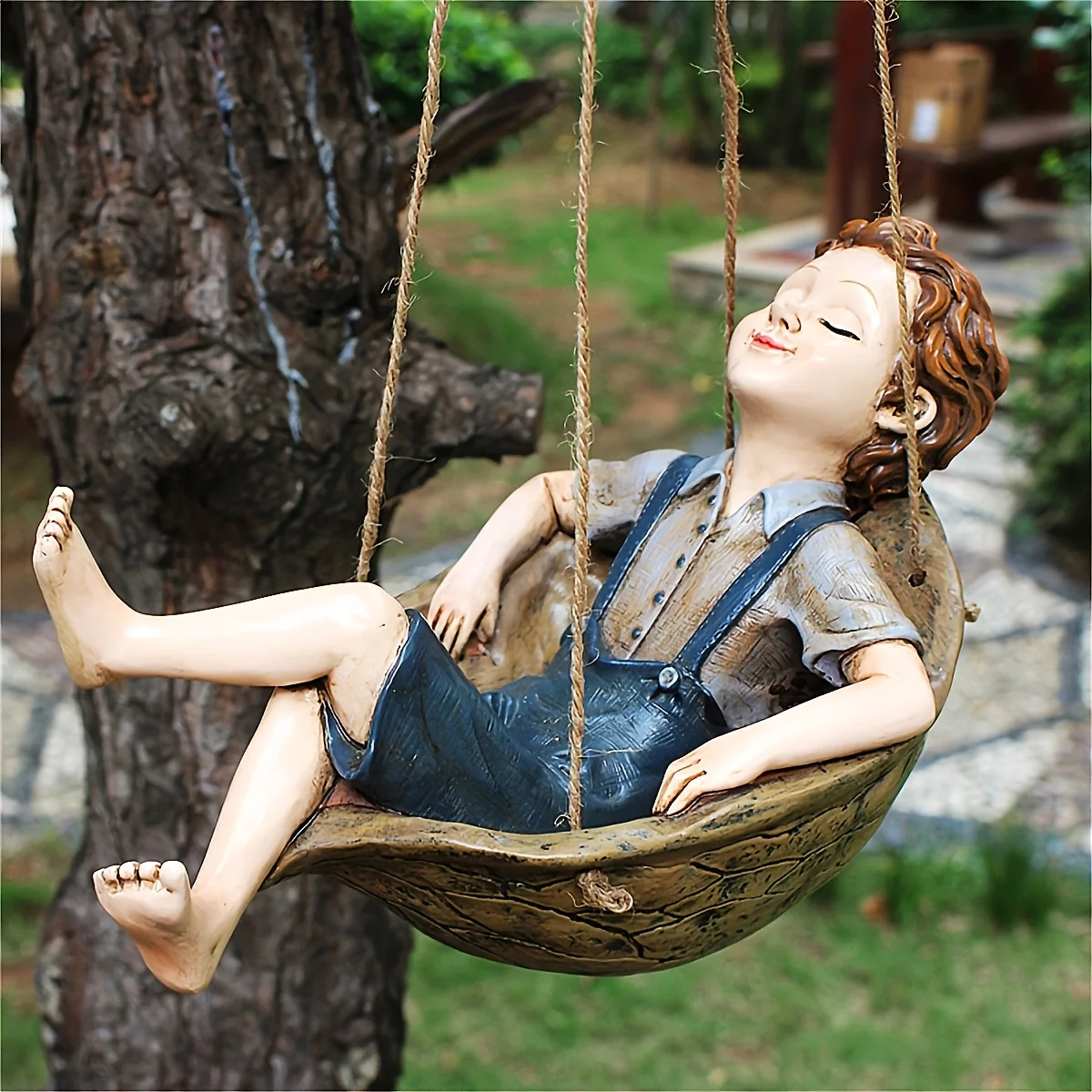Handcrafted Walnut Boy Swing Resin Sculpture - Charming Garden & Home Decor, Wall-mounted outdoor decorations