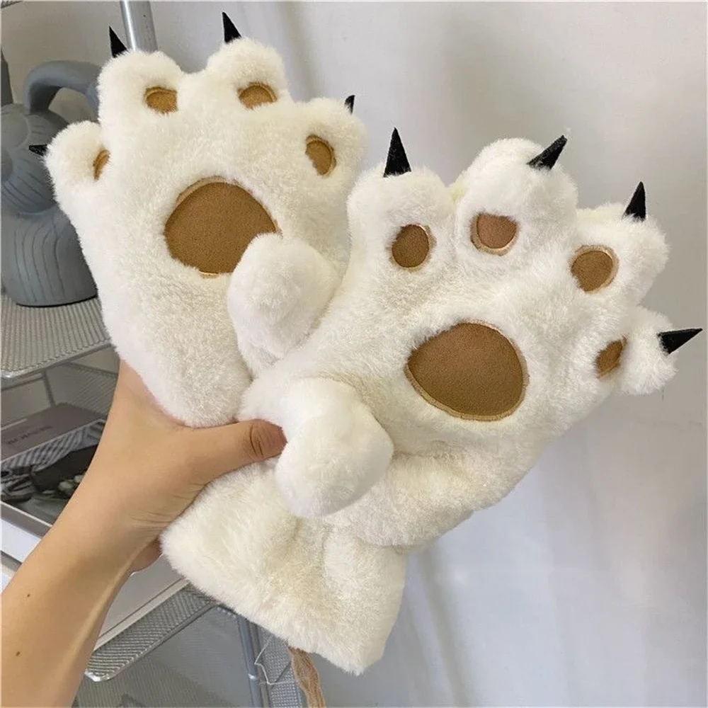 

Cute Cat Paw Women Gloves Animals Plush Mittens Outdoor Winter Warm Fluffy Lovely Soft Full Finger Gloves Bear Palm Paw Gift