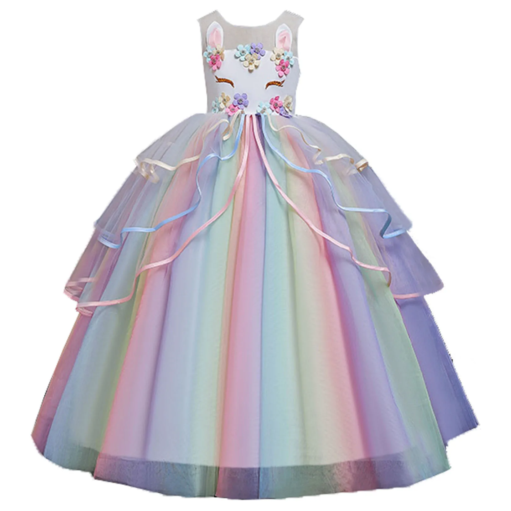 Elizabeth Fashion Little Big Girls Unicorn Flower Girl Birthday Party Formal Dress Long Pageant Dress AC1080