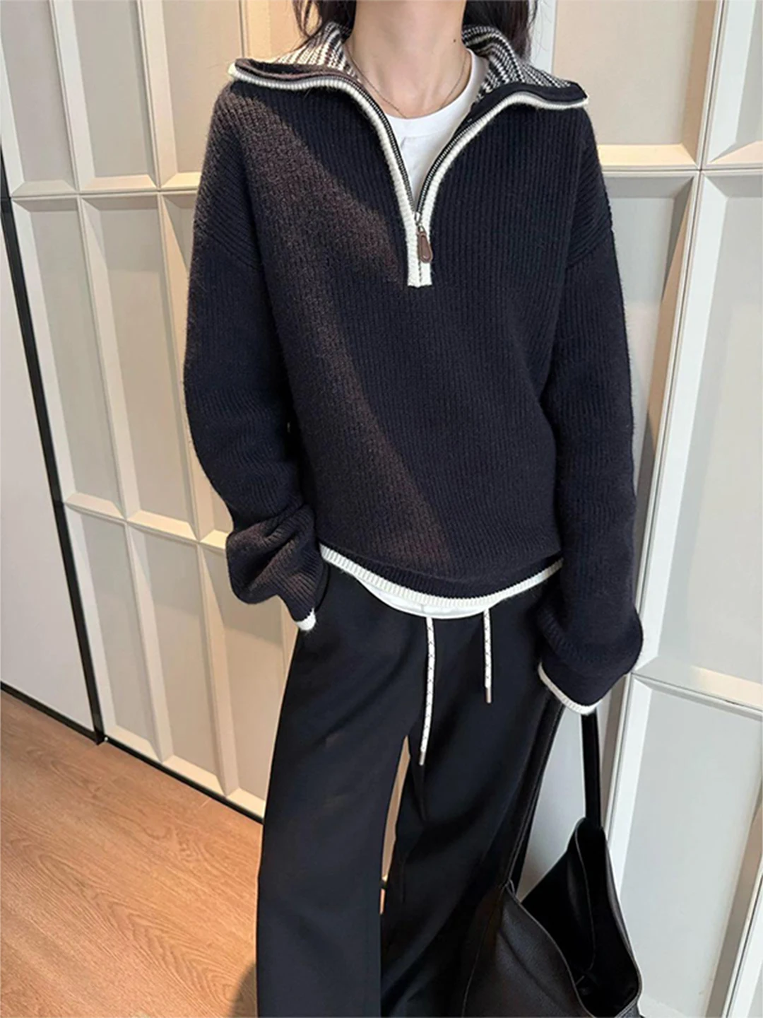 

Loose Half Zip High Collar Thickened Knitted Sweater Women Autumn Winter Outerwear Soft Fufu Street Style Long Sleeve Top