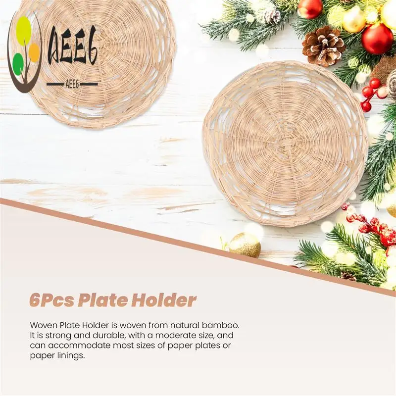 

AEE6-6Pcs Бамбуковый держатель для бумажных тарелок-10-дюймовый круглый тканый держатель для тарелок, многоразовые держатели для бумажных тарелок для пикника