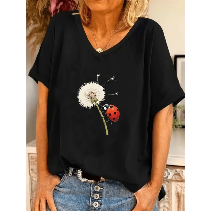 Women's Elegant V-Neck Batwing Sleeve T-Shirt/Ladybug & Dandelion Print/Casual Daily Style/Comfortable Loose Fit Top