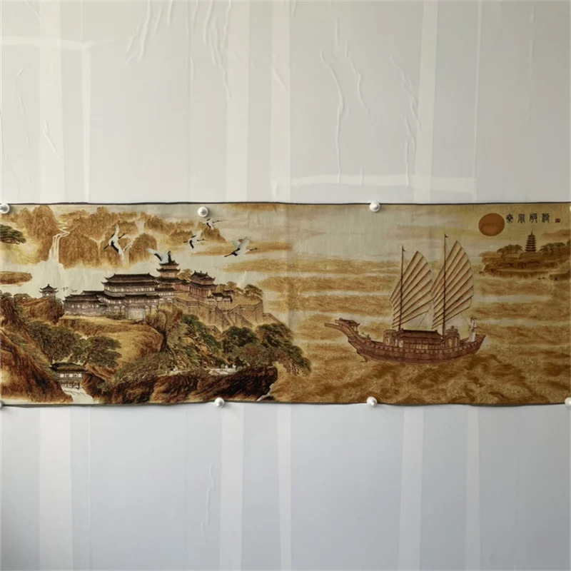 Chinese Old Color Brocade Seaside Pavilion Embroidery Artwork - Decorative Wall Painting Home Decor Piece