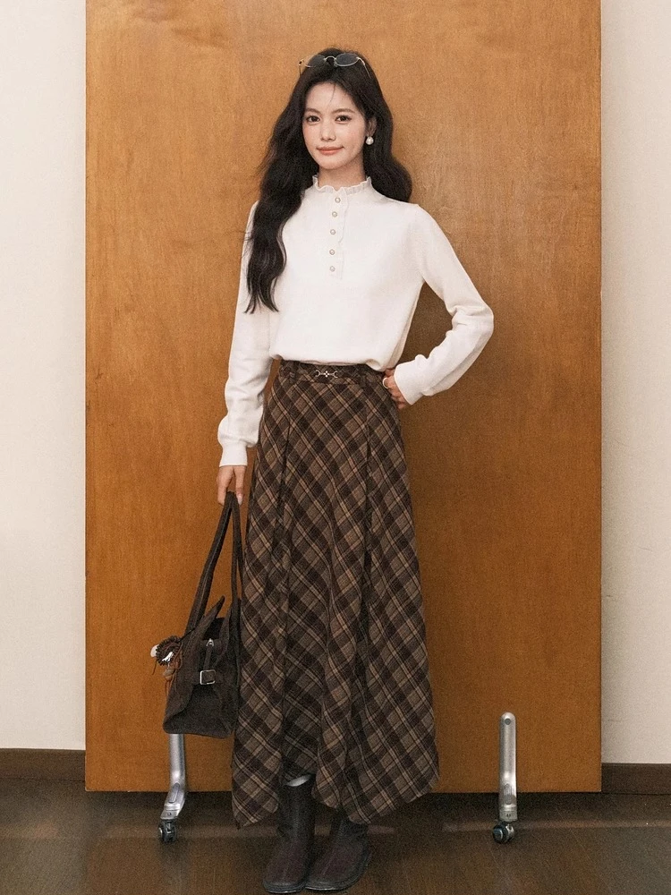 ALXNAN Abrikoos Trui Herfst Winter Parel Knoppen Stand Kraag Kant Patchwork Truien Slanke Gelaagdheid Gebreide Trui L59010