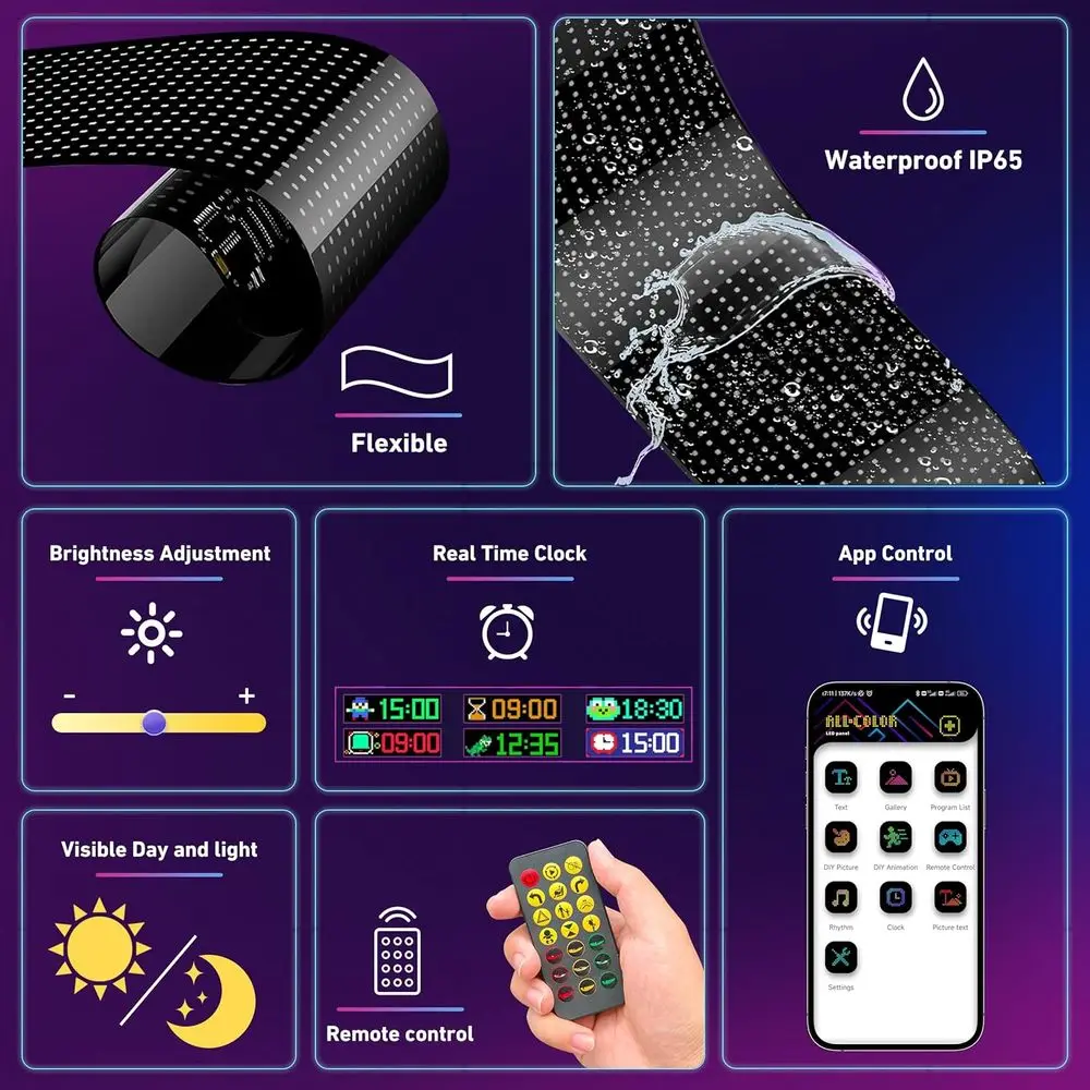 Doppie luci flessibili per parabrezza per auto a LED RGB da 23,4 x 4,73 con controllo intelligente dell'app per testo e modelli personalizzati