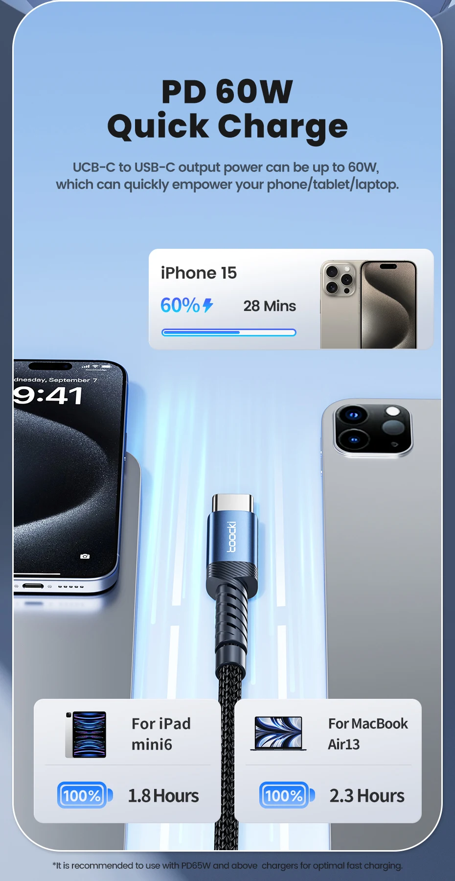 Toocki 2-in-1 Winkel-USB-C-Kabel, 2m PD 60W USB-C zu USB-C 3A Schnellladekabel für iPhone Samsung Xiaomi Huawei Datenkabel – Detail 4