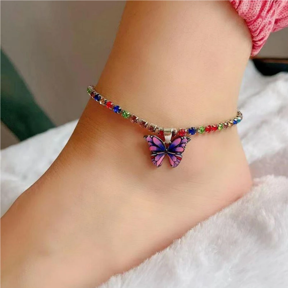 Colorful Rhinestone Butterfly Ankles Bracelet Women Bohemian Leg Chain Summer Beach Foot Jewelry Accessories